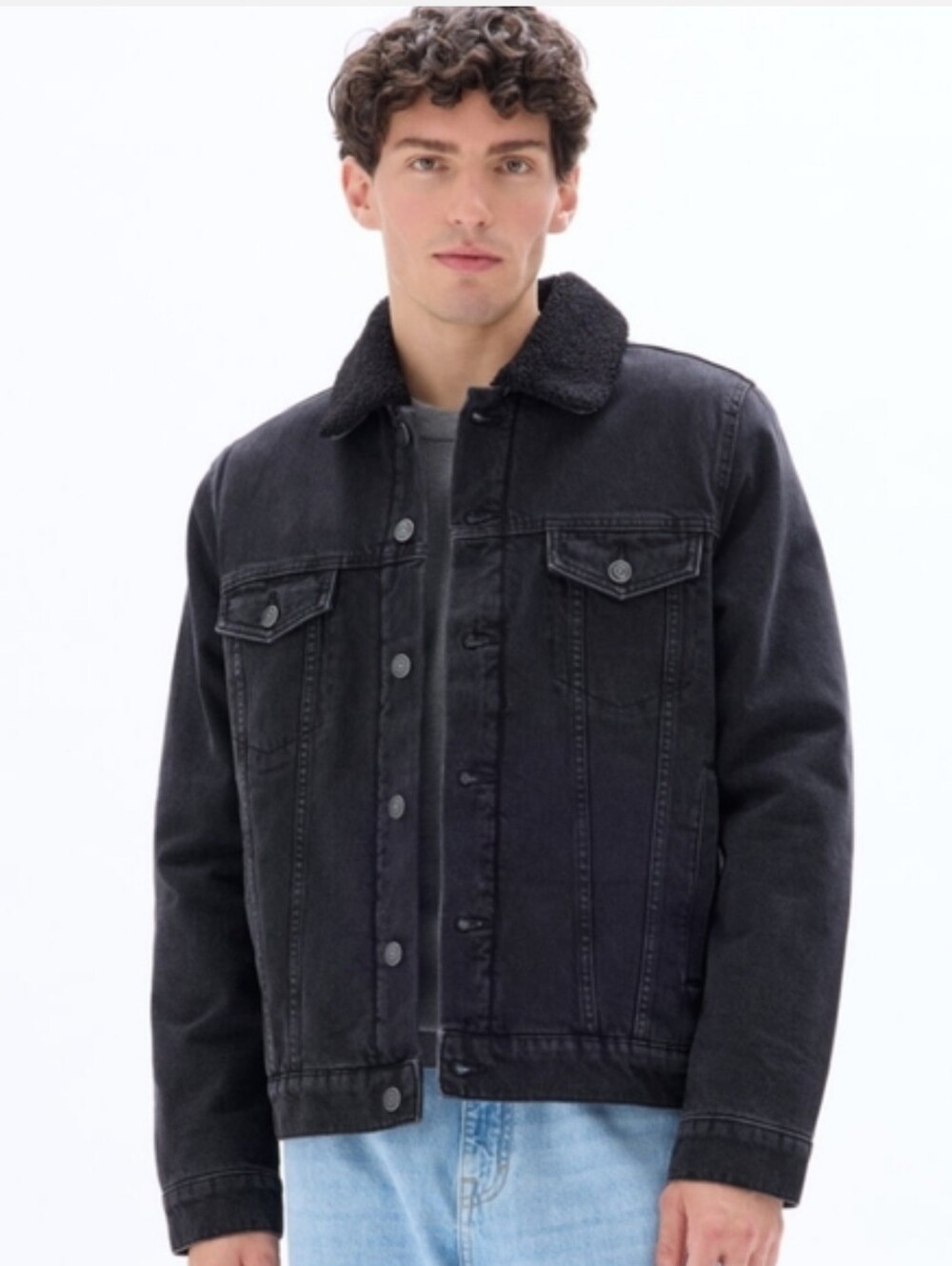 Zara Mens Black Denim Jean Jacket Faux Sherpa Size L